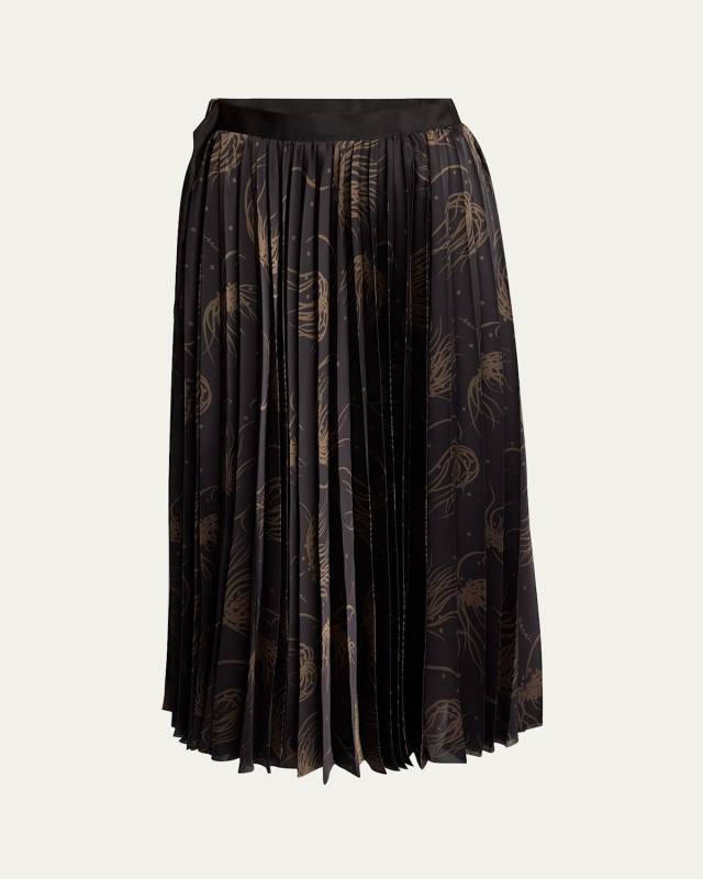 Dot Flower Print Pleated Midi Skirt